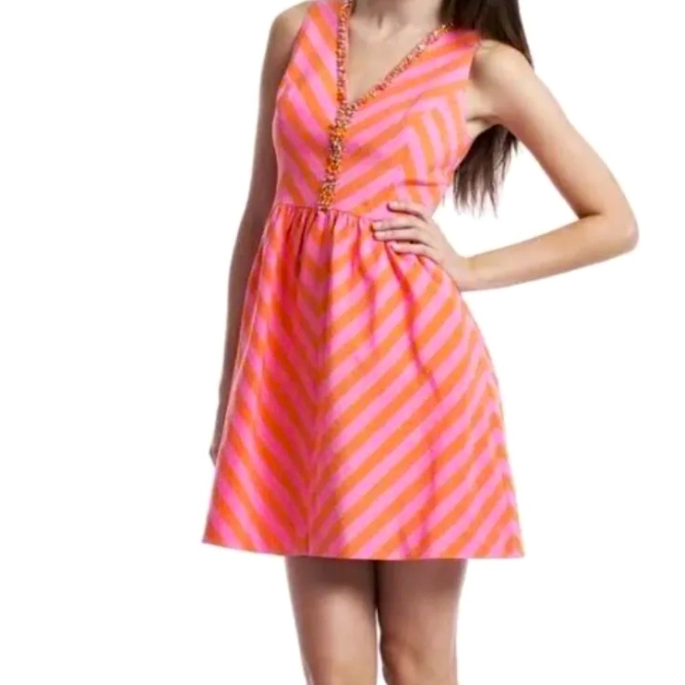 Lilly Pulitzer Nadia Orange Pink Chevron Striped Beaded Fit Flare Dress size 12